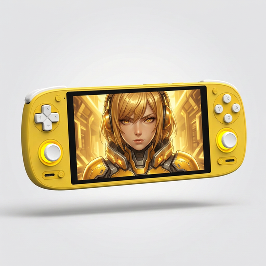 Console jaune avec illustration dorée
