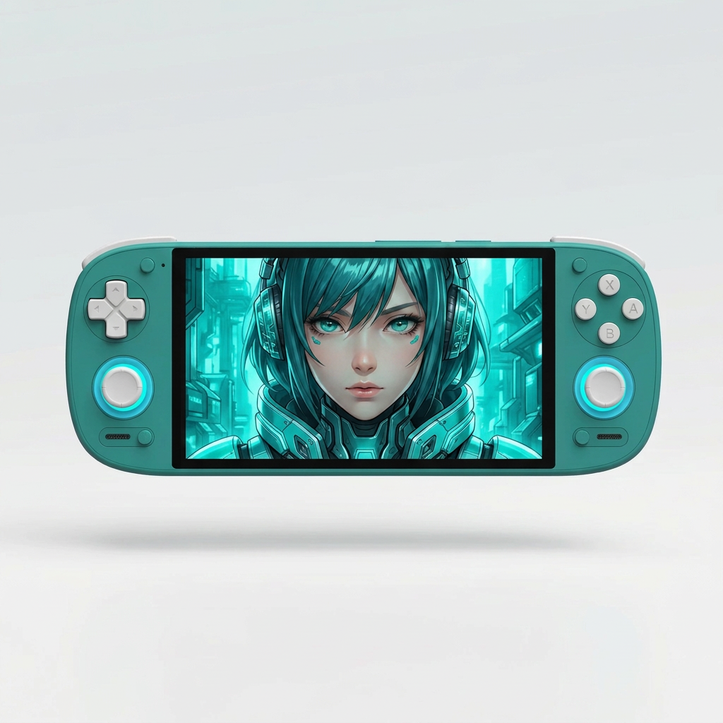 Console turquoise avec illustration bleu-vert